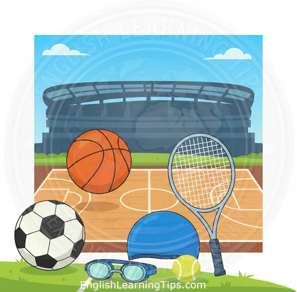 A colorful illustration of sports equipment including a soccer ball, basketball, tennis racket, and swimming goggles in front of a stadium and court.