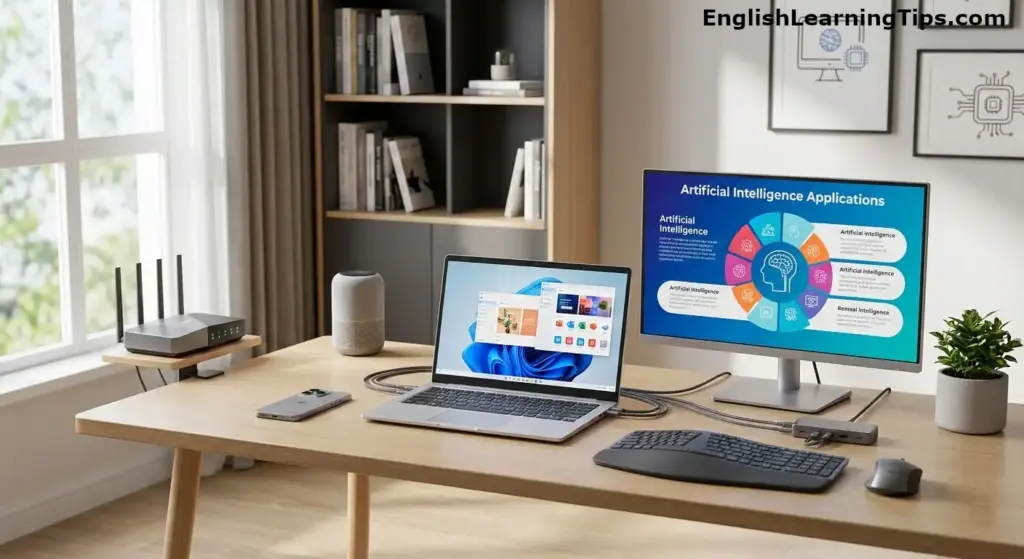 A modern home office desk featuring a laptop, an external monitor displaying an artificial intelligence infographic, a smartphone, and a wireless router to illustrate common tech vocabulary.