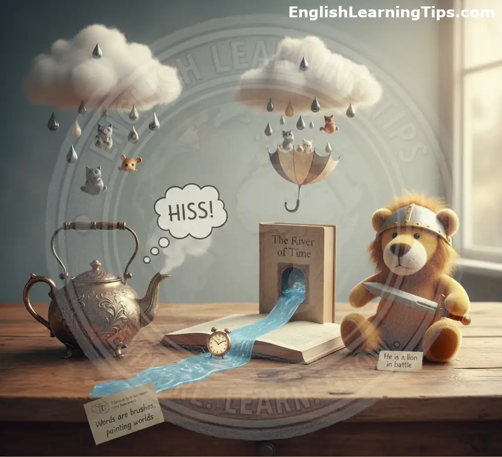 A conceptual 3D illustration of figurative language including a "River of Time" metaphor, a lion in armor, and cats falling from a rain cloud.