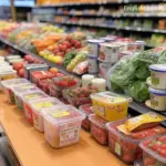 A wide variety of fresh groceries, including strawberries, leafy greens, and packaged produce, displayed on a wooden table inside a grocery store.