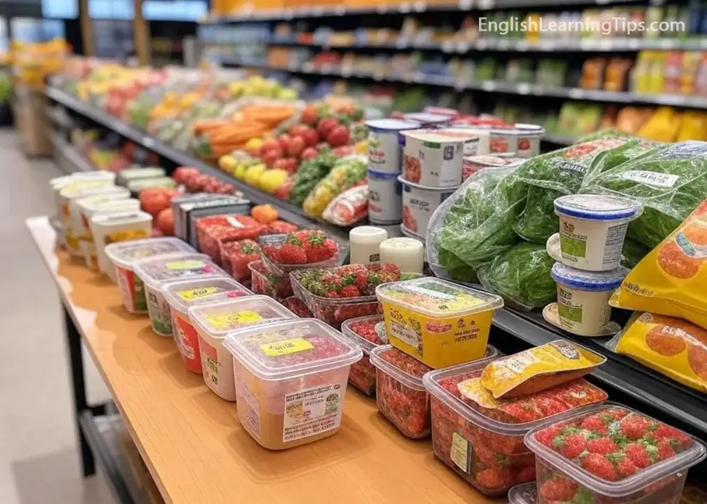 A wide variety of fresh groceries, including strawberries, leafy greens, and packaged produce, displayed on a wooden table inside a grocery store.