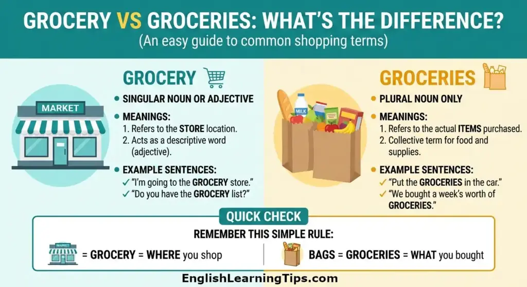 Infographic showing the difference between grocery and groceries. Left side defines grocery as the store location or an adjective like grocery list. Right side defines groceries as the physical items or food purchased. Bottom summary: grocery is where you shop, groceries are what you bought.