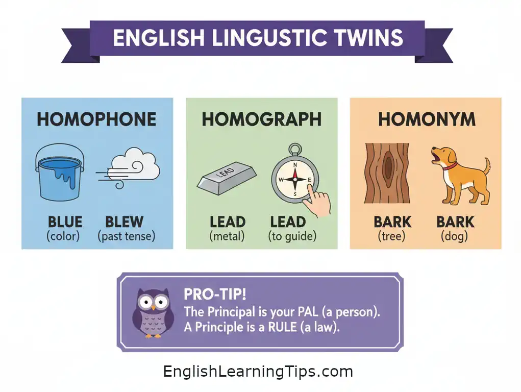 Infographic explaining the differences between homophones, homographs, and homonyms with visual examples like blue/blew, lead/lead, and bark/bark.