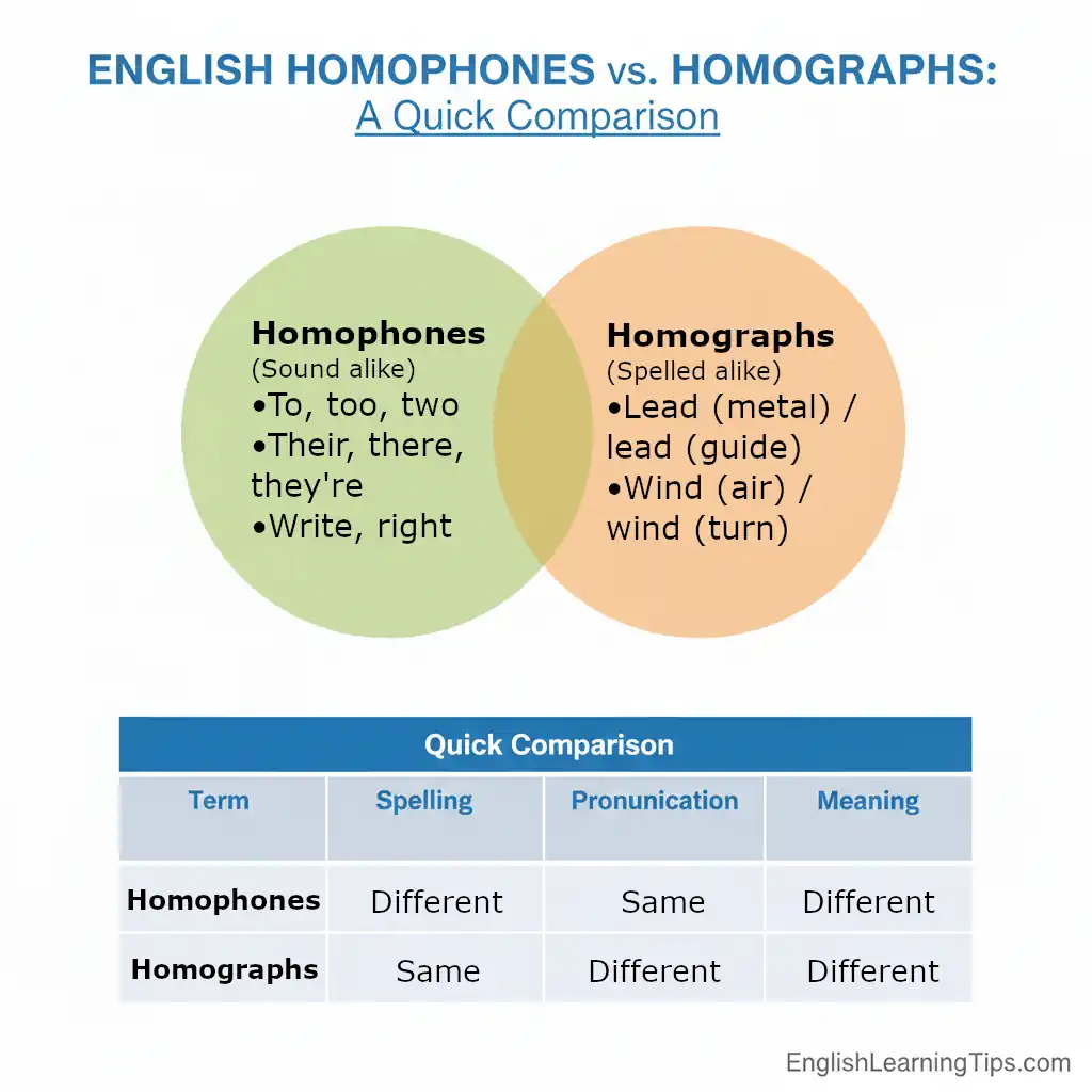 A Venn diagram and table comparing homophones (words that sound alike) and homographs (words spelled alike) with examples like "to, too, two" and "lead/lead."
