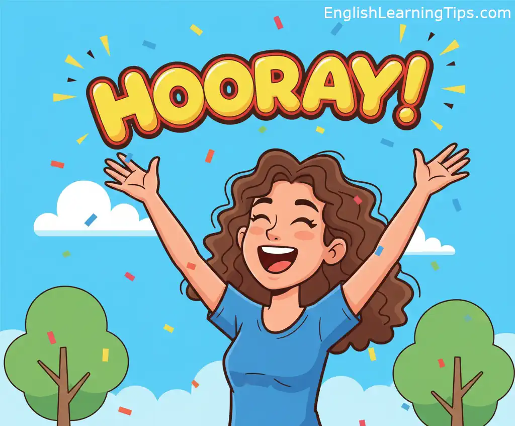 A cheerful cartoon of a woman with curly hair raising her arms in celebration under a bright yellow "HOORAY!" text with confetti.