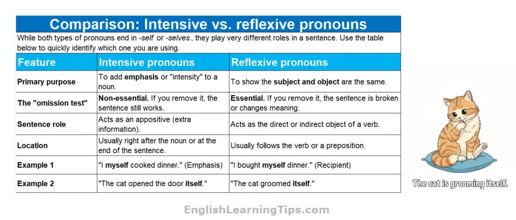 A comparison table titled "Comparison: Intensive vs. reflexive pronouns" side-by-side with a cartoon cat grooming itself.