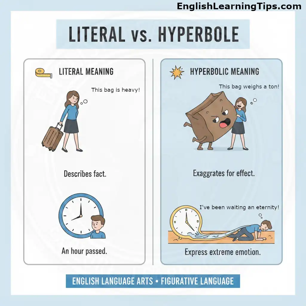 An educational infographic titled "Literal vs. Hyperbole" showing side-by-side examples of factual descriptions versus exaggerated emotional expressions.