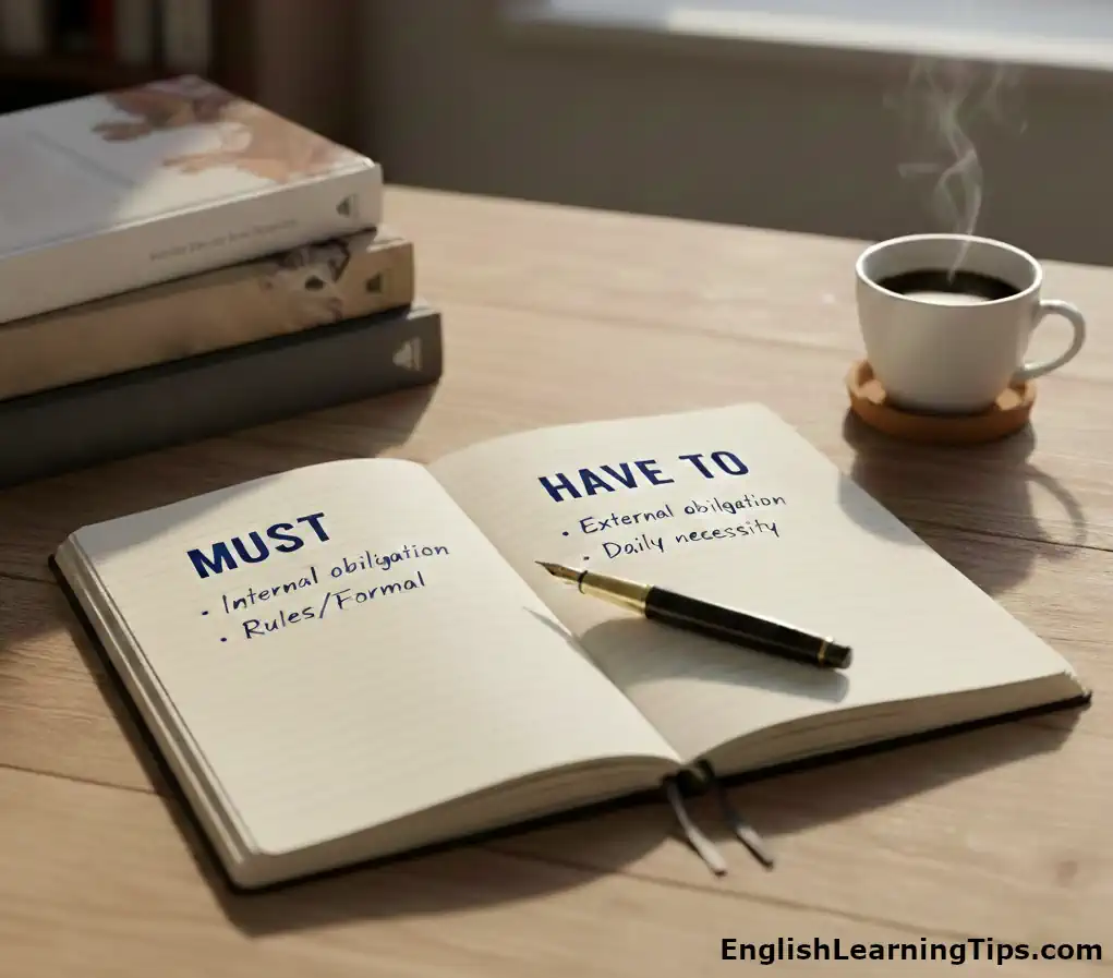 An open notebook on a wooden desk with a pen and a steaming cup of coffee, featuring handwritten notes comparing "Must" (internal obligation, rules/formal) and "Have to" (external obligation, daily necessity).