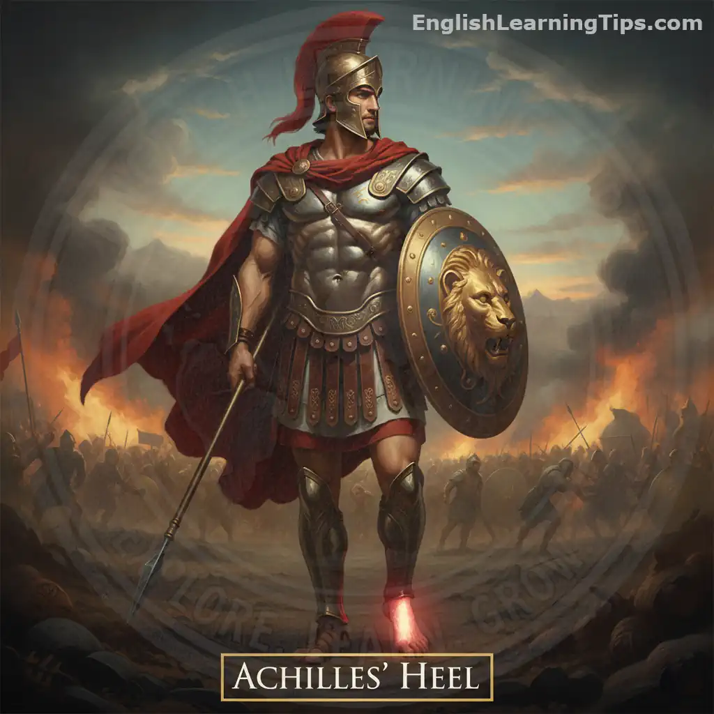 An illustration of the Greek hero Achilles on a battlefield with a glowing heel to represent the concept of an Achilles' heel allusion.