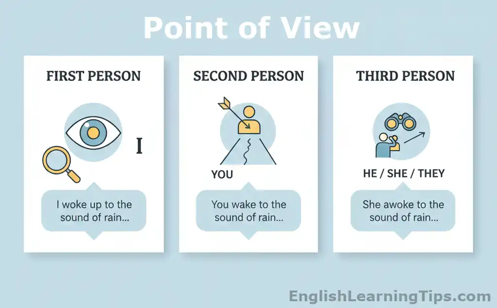 A simple infographic illustrating first, second, and third-person points of view with icons of an eye, a direct arrow, and binoculars, including example sentences for each.