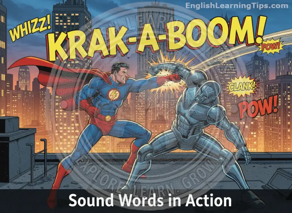 Comic book illustration of a superhero fighting a robot with onomatopoeia sound effect words like Krak-a-boom, Whizz, and Pow.