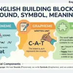 Infographic showing the difference between phoneme (sound), grapheme (written letter), and morpheme (meaning) with examples using the words cat and unhappiness.
