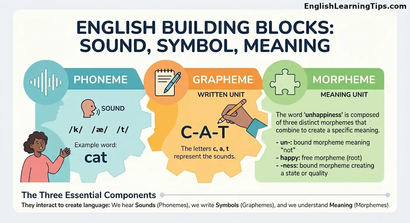 Infographic showing the difference between phoneme (sound), grapheme (written letter), and morpheme (meaning) with examples using the words cat and unhappiness.