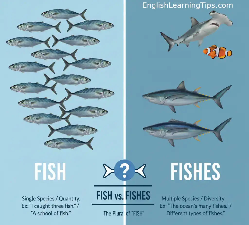 An educational infographic titled 'FISH vs. FISHES'. The left side shows a school of identical mackerel labeled 'FISH' to represent a single species or quantity. The right side shows a hammerhead shark, a clownfish, and two tuna labeled 'FISHES' to represent multiple species or biological diversity.