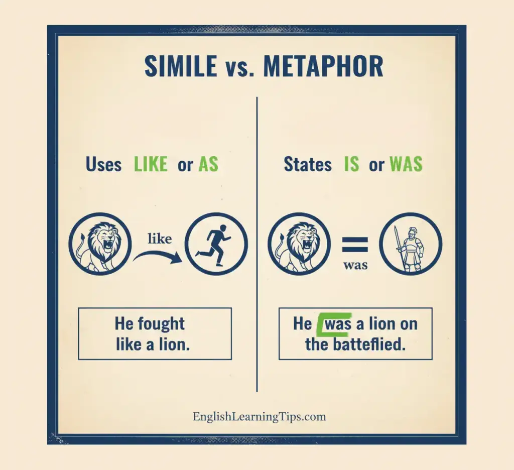 An educational infographic showing the difference between a simile using like or as and a direct metaphor comparison.