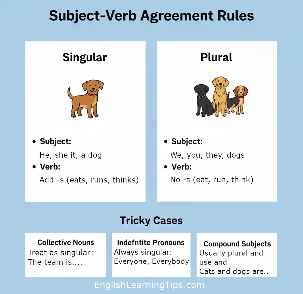 A grammar infographic using dog illustrations to explain subject-verb agreement rules for singular and plural subjects.