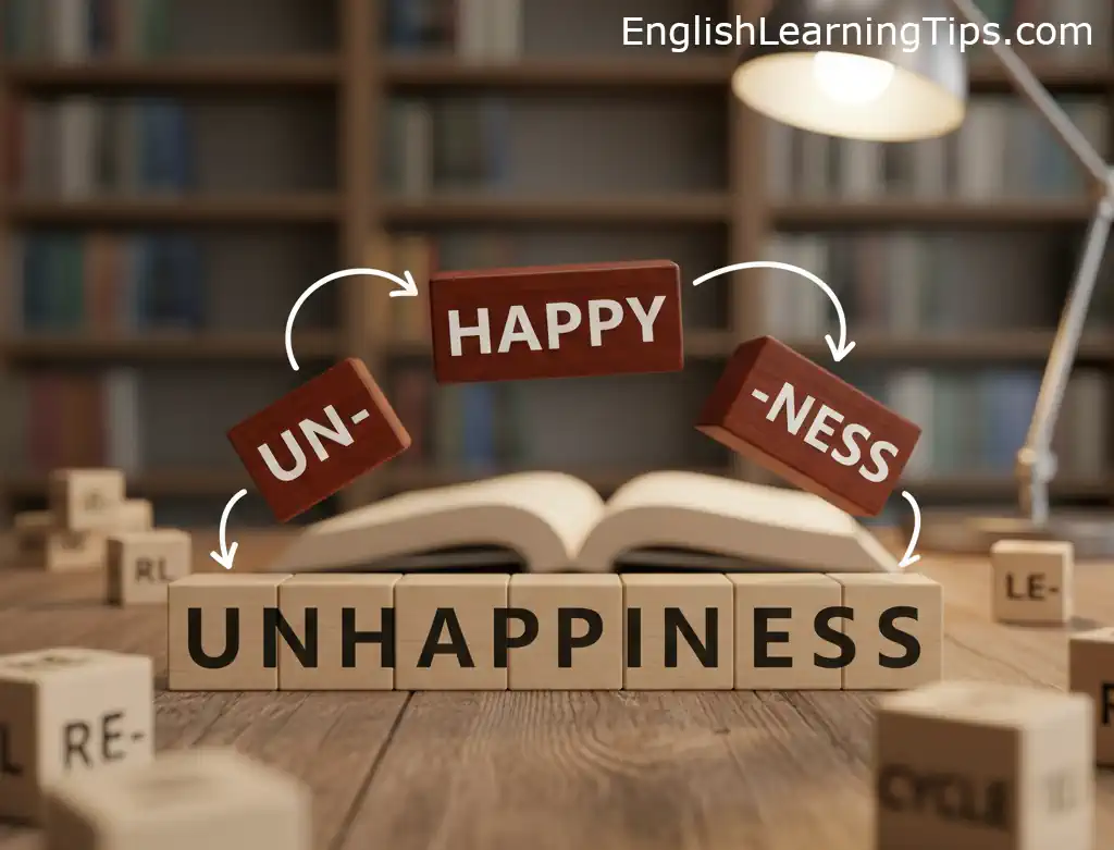 Wooden blocks showing the morphological breakdown of the word unhappiness into the prefix un-, the root happy, and the suffix -ness.