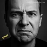 A close-up black and white portrait of a middle-aged man with a frowning, displeased facial expression, illustrating the adjective "sour."