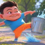 A 3D animated character of a young boy smiling while literally kicking a metal bucket filled with splashing water on a sunny path.