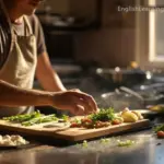close-up shot of a person in an apron using a wooden cutting board to chop up fresh green herbs and vegetables in a sunlit kitchen.