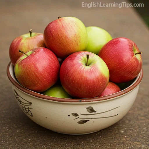 A ceramic bowl filled with several ripe red and green apples to illustrate English plural and possessive nouns.