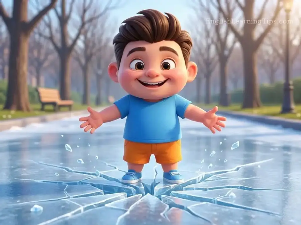 A 3D animated character of a boy standing on a frozen path, smiling as the ice cracks beneath his feet to illustrate the idiom "break the ice."