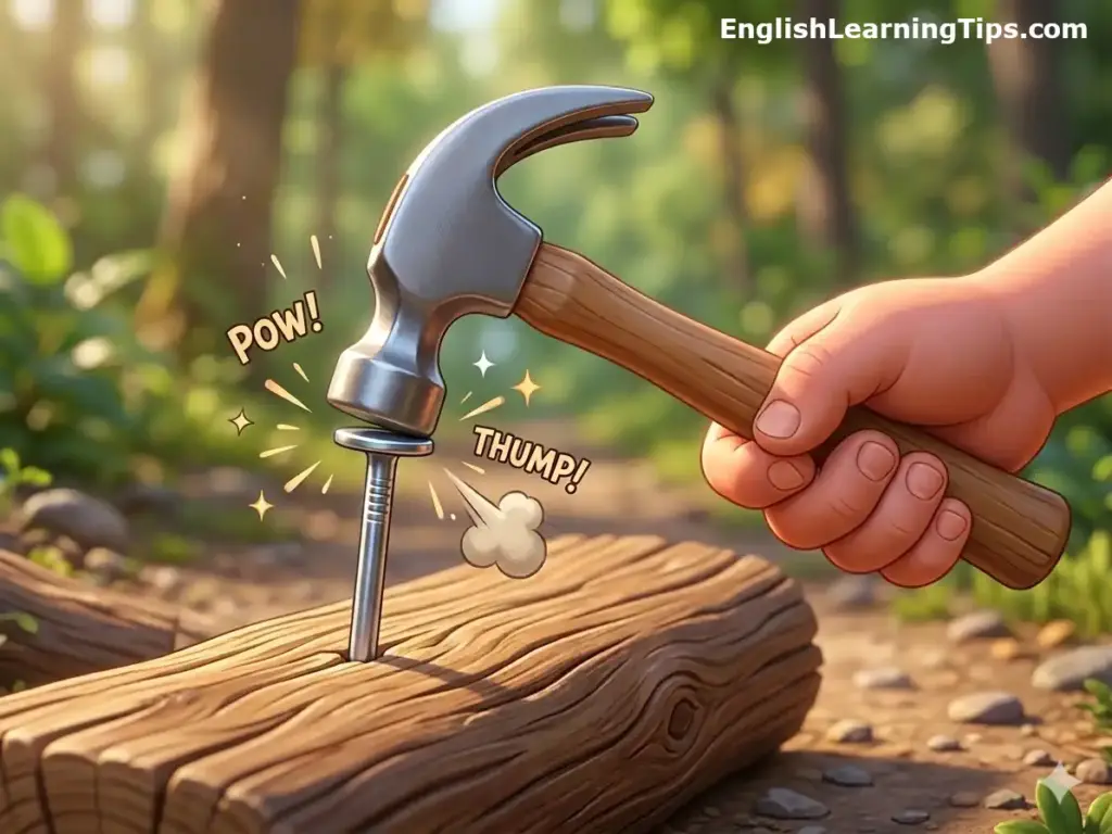 A cartoon illustration of a hand holding a hammer and hitting a nail perfectly into a wooden log with "Pow!" and "Thump!" sound effect bubbles.