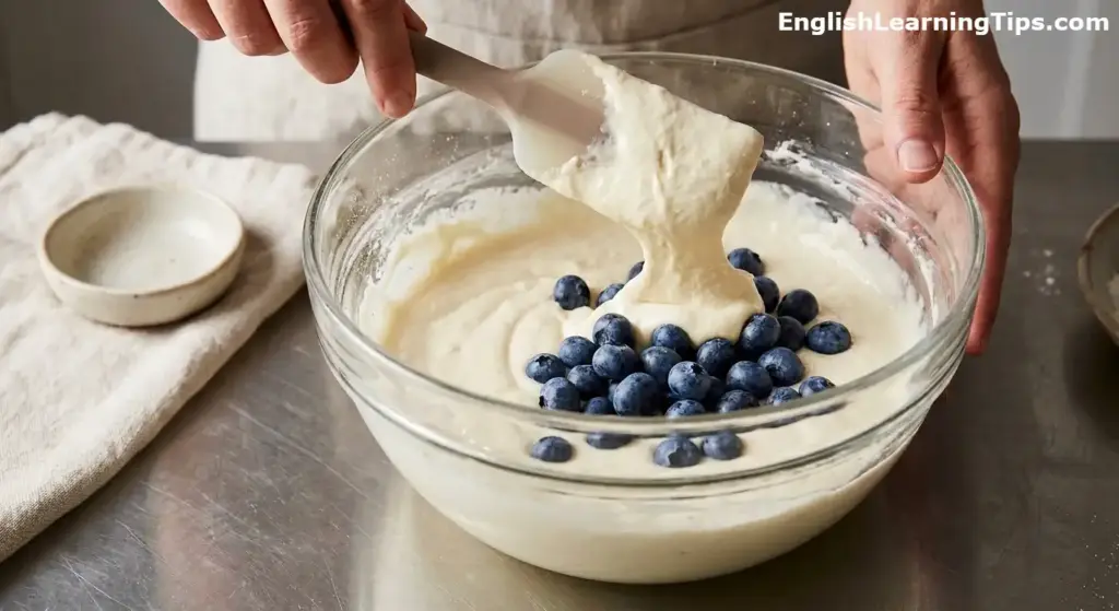 A close-up shot of a person using a silicone spatula to gently fold fresh blueberries into a thick, creamy cake batter in a glass mixing bowl.