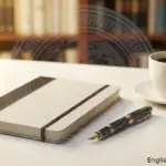 A clean, modern desk featuring a closed leather notebook, a luxury fountain pen, and a steaming cup of coffee against a blurred bookshelf background.