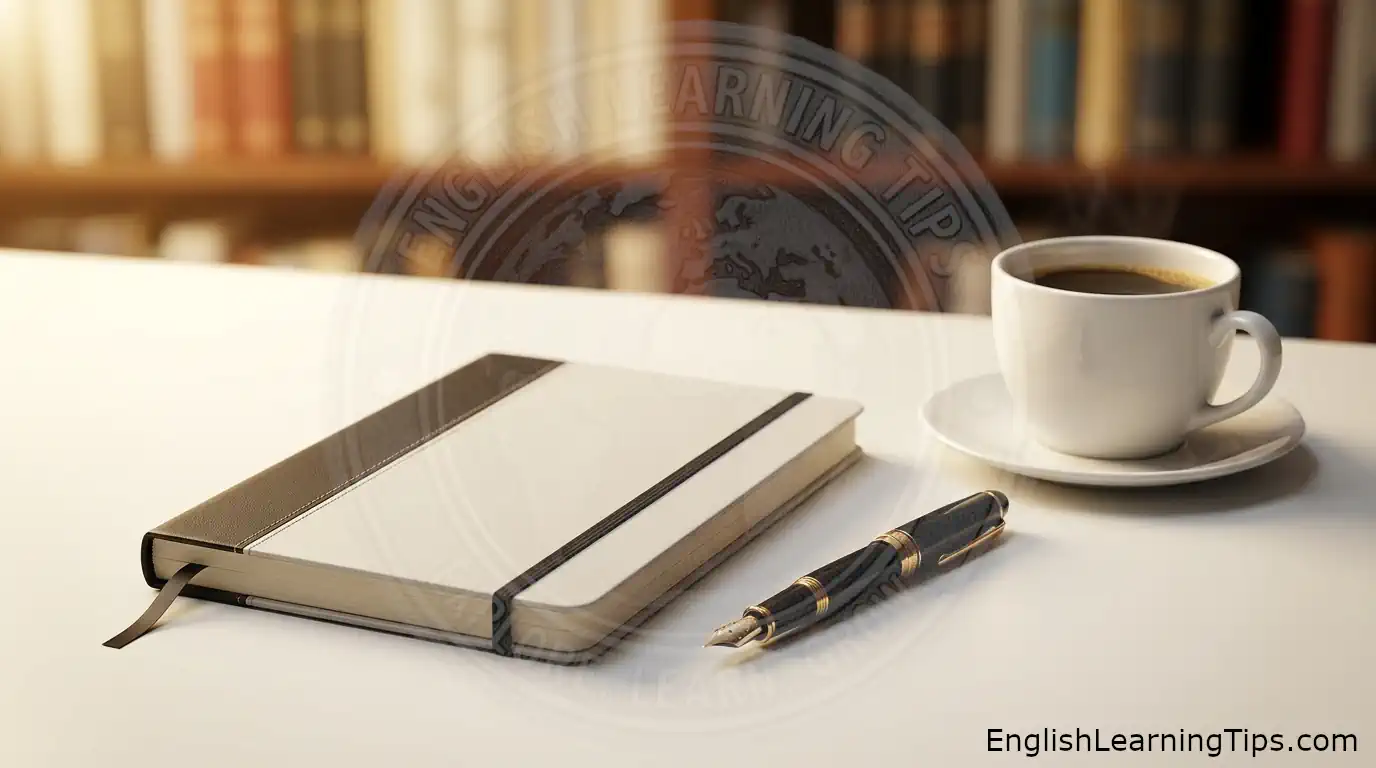 A clean, modern desk featuring a closed leather notebook, a luxury fountain pen, and a steaming cup of coffee against a blurred bookshelf background.