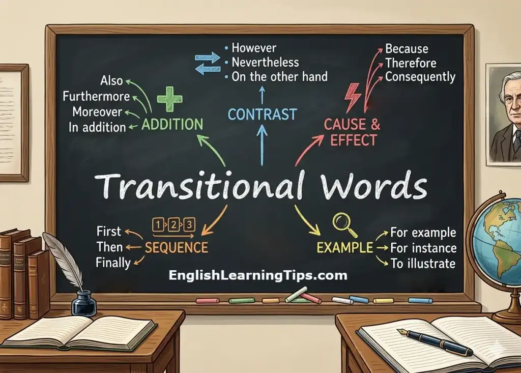 A classroom chalkboard featuring a colorful mind map of transitional word categories including Addition, Contrast, Cause & Effect, Sequence, and Example.