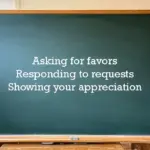 A green chalkboard with the text "Asking for favors, Responding to requests, Showing your appreciation" written in white.