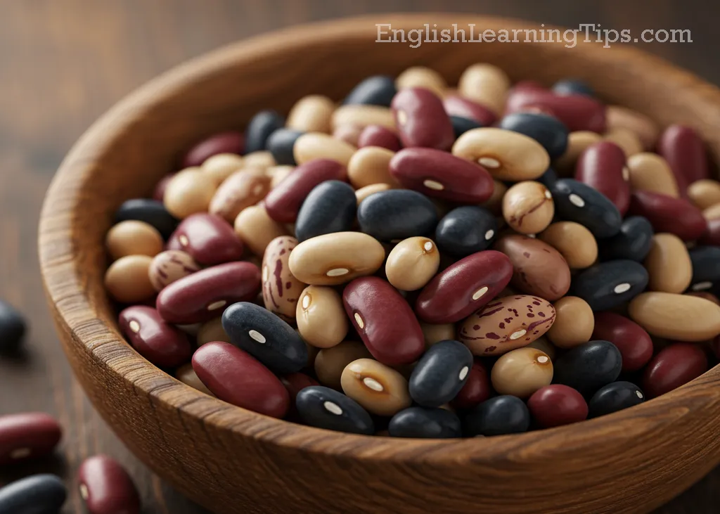 A wooden bowl filled with various colorful dried beans, illustrating the British idiom "full of beans."