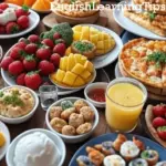 A top-down view of a variety of foods including fresh strawberries, cubed mango, savory meat or bread bites, pizza, and a glass of orange juice.