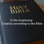 A close-up view of a black Holy Bible with the title "In the beginning: Creation according to the Bible" printed on the cover.