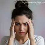 A stressed woman holding her head in her hands, illustrating common triggers of workplace stress for English language learners.