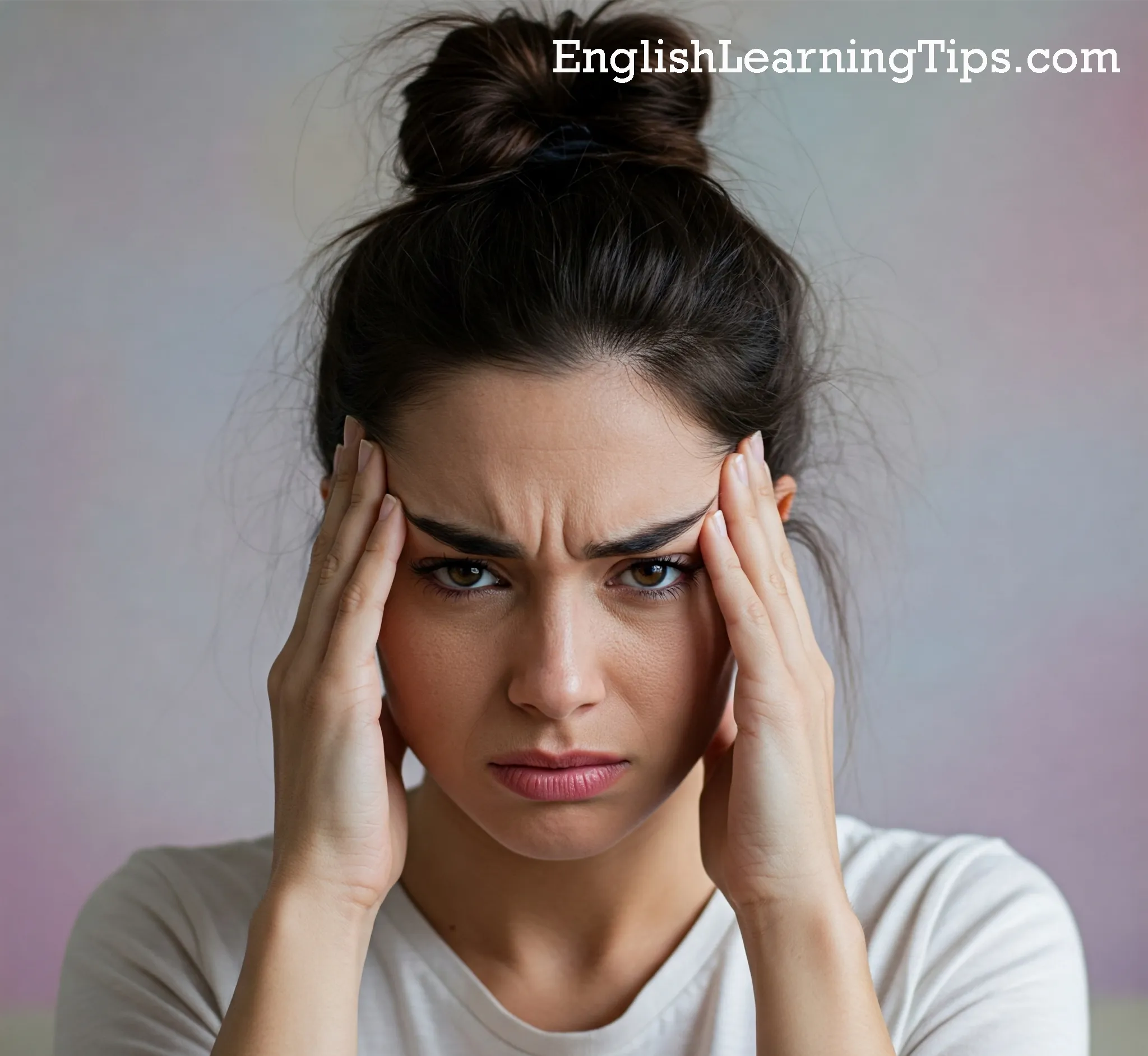 A stressed woman holding her head in her hands, illustrating common triggers of workplace stress for English language learners.