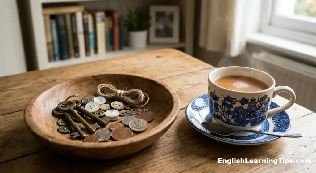 A close-up lifestyle photograph of a wooden bowl on a rustic table filled with vintage keys, buttons, and British coins next to a steaming cup of tea in a ceramic mug.