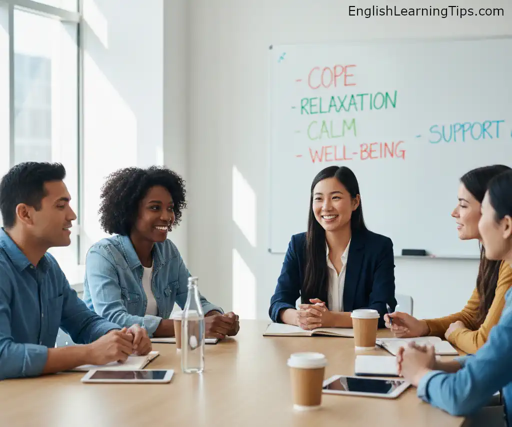 A group of adult students sitting around a table having a supportive conversation about coping with stress and finding relaxation techniques.