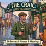 An illustrated guide to Irish English colloquialisms featuring people talking outside an Irish pub called The Craic Inn on a cobblestone street.