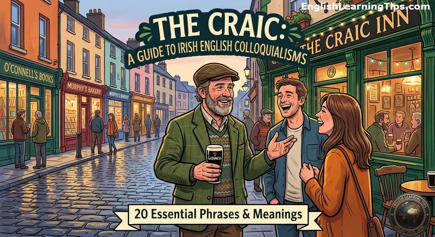 An illustrated guide to Irish English colloquialisms featuring people talking outside an Irish pub called The Craic Inn on a cobblestone street.