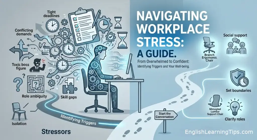 A conceptual infographic showing a professional navigating from workplace stressors like tight deadlines and role ambiguity toward solutions like setting boundaries and ergonomic support.