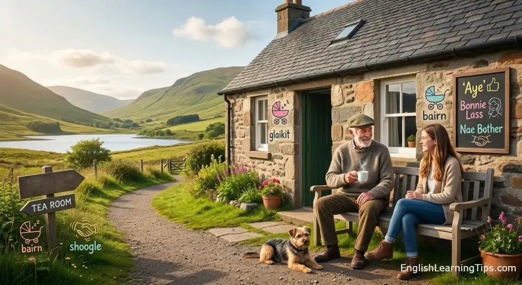 A man and woman sitting on a bench outside a stone cottage in the Scottish Highlands with signs showing Scottish slang words like bairn, shoogle, and aye.