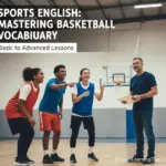 A basketball coach instructing a group of three young players on a basketball court.