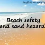 A sunny beach landscape with text overlay reading "Beach safety and sand hazards" for an educational lesson plan.