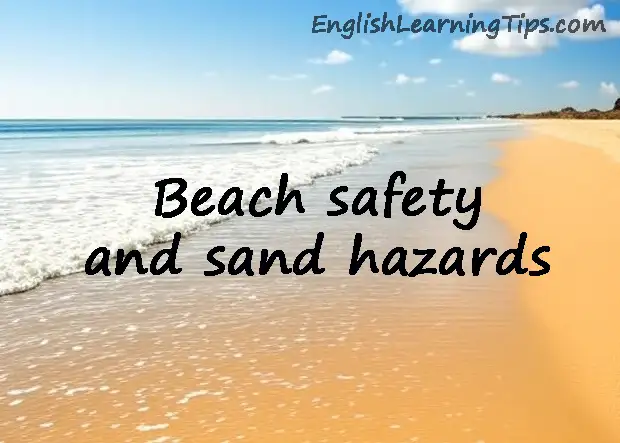 A sunny beach landscape with text overlay reading "Beach safety and sand hazards" for an educational lesson plan.