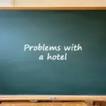 A green chalkboard in a classroom with the text "Problems with a hotel" written on it.