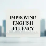 Text graphic that reads "Improving English Fluency" over a blurred city skyline background.