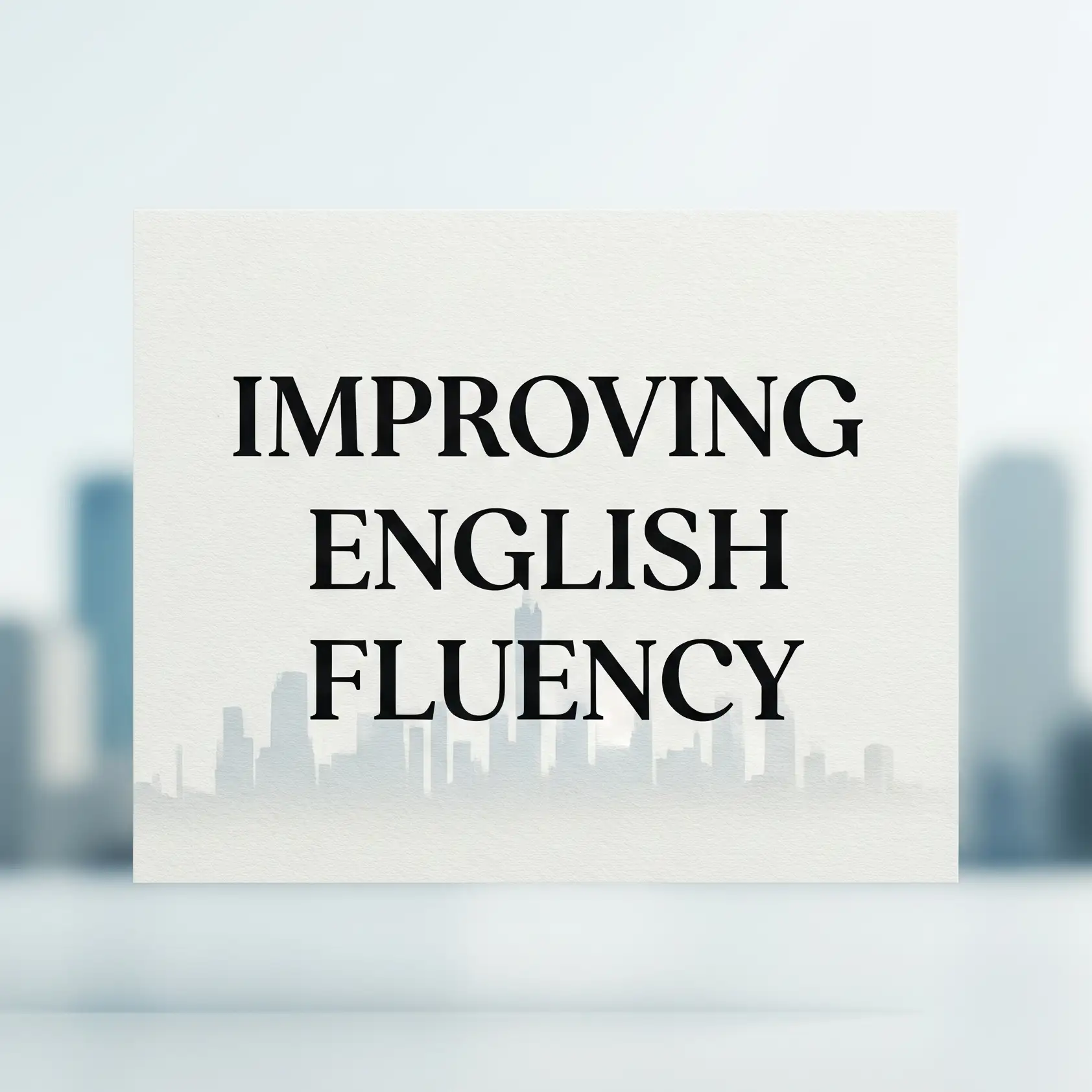 Text graphic that reads "Improving English Fluency" over a blurred city skyline background.