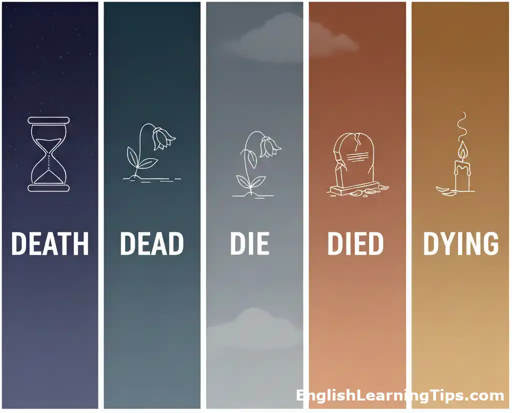 A visual chart illustrating the differences between the words death, dead, die, died, and dying using icons and color-coded sections.